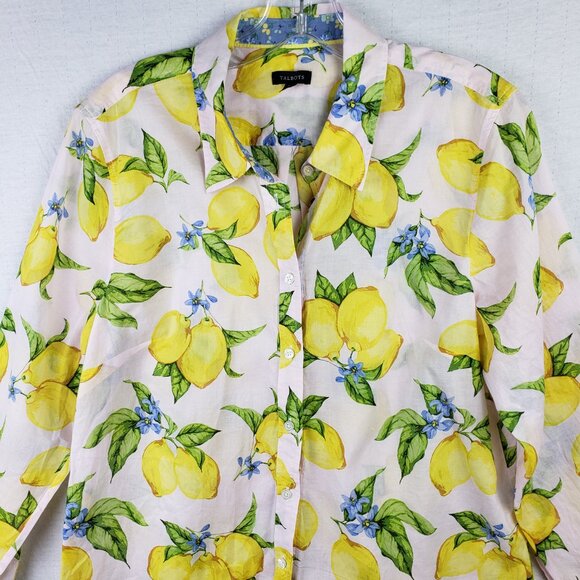 Talbots Button-Up Shirt Blouse Lemon Print Fruits Floral Preppy Resort size L - Picture 4 of 14